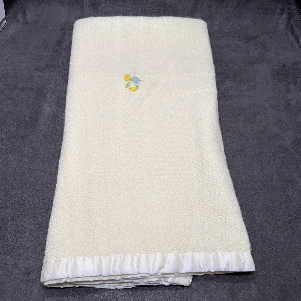 Vintage The Three Weavers Handwoven Acrylic Yellow Satin Trim Baby Blanket